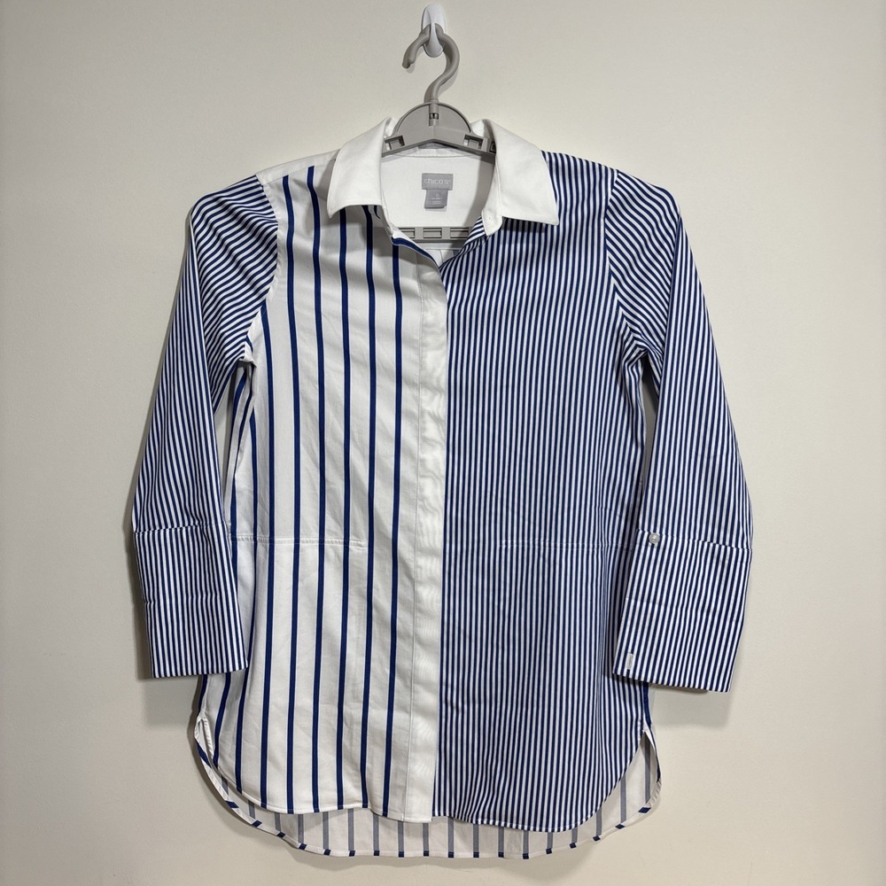 Chico's Blue White Striped Tunic Shirt Nautical Roll Tab Sleeve Sz 0 (US 4) READ